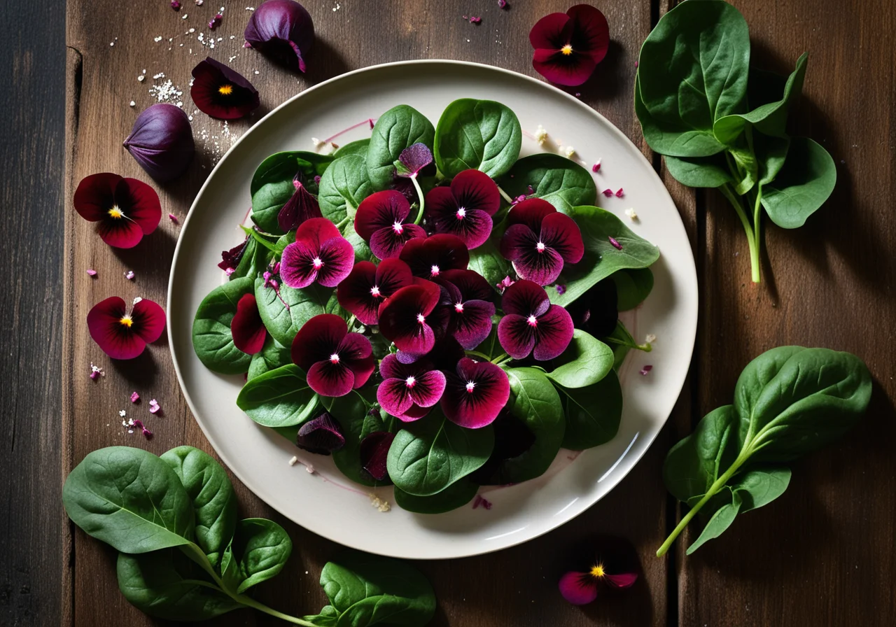Spinach Salad with Edible Flowers and Beet Hearts