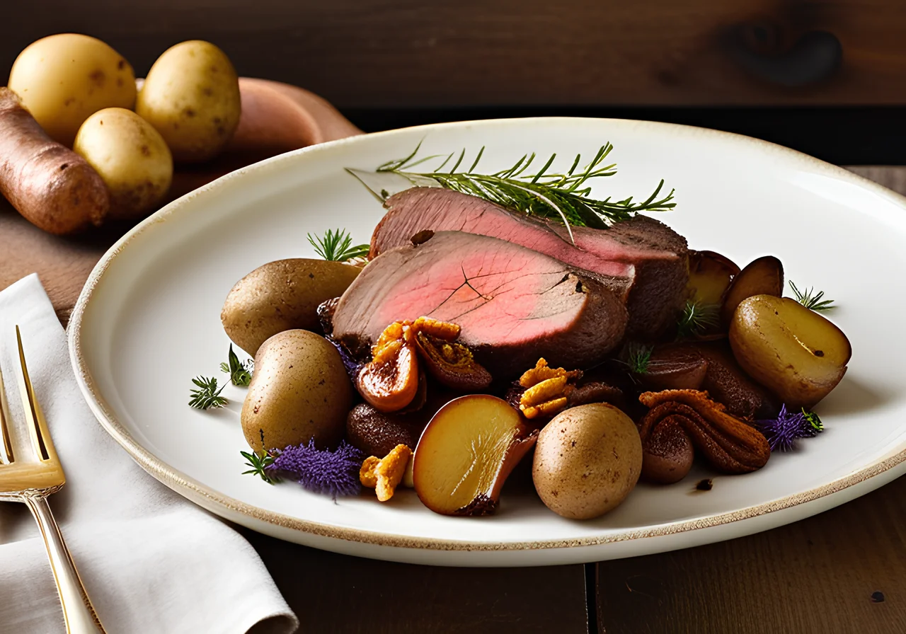 Venison Roast with Mushrooms and Small Potatoes