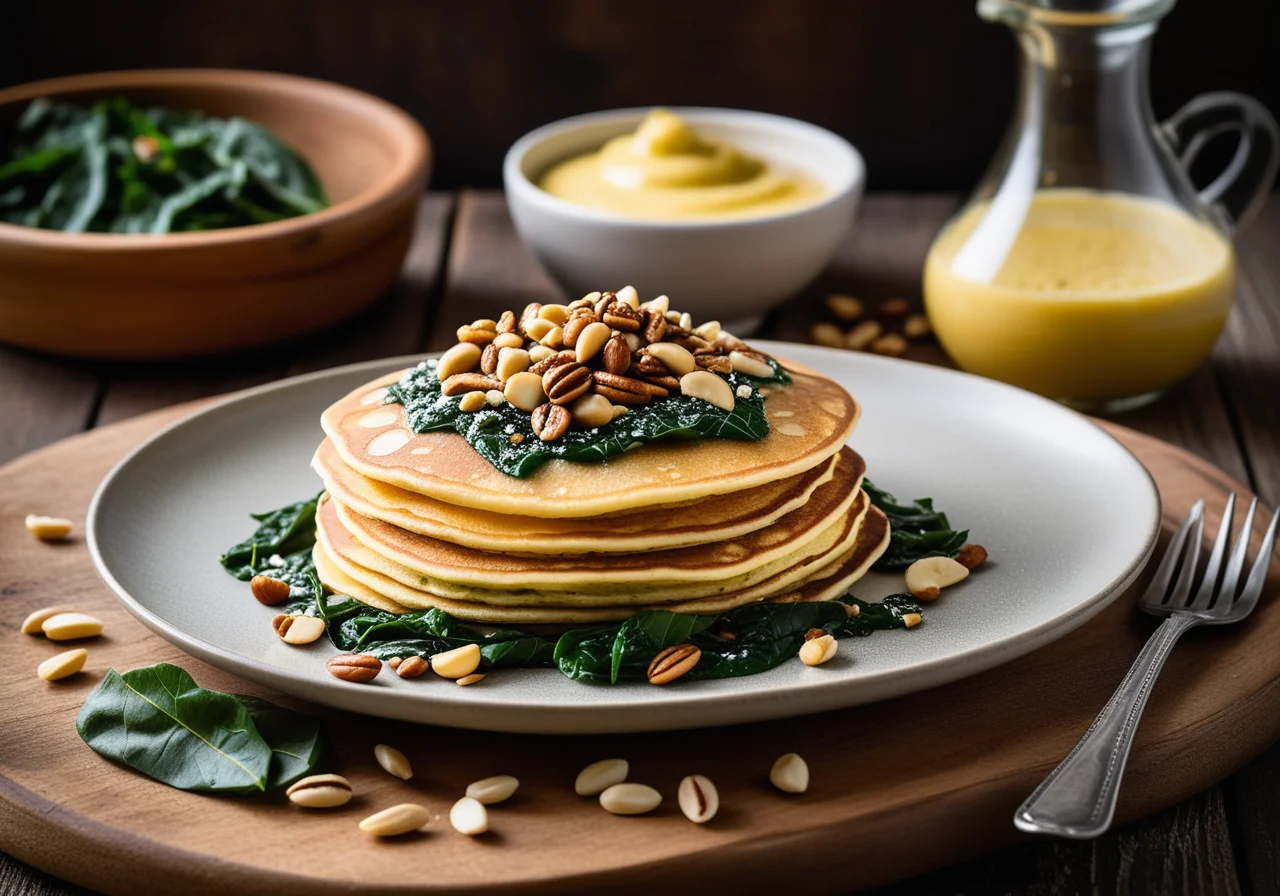 Pancakes with Swiss Chard Cheese Sauce and Pine Nuts