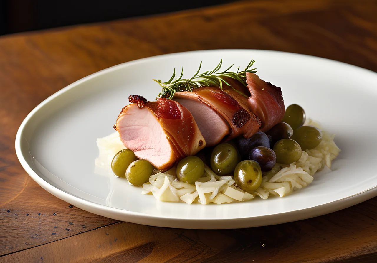Pheasant Breast Wrapped in Bacon with Sauerkraut and Grapes