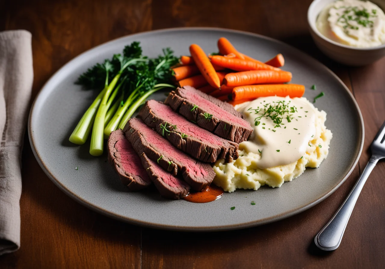 Beef with Horseradish, Vegetables and Mashed Potatoes