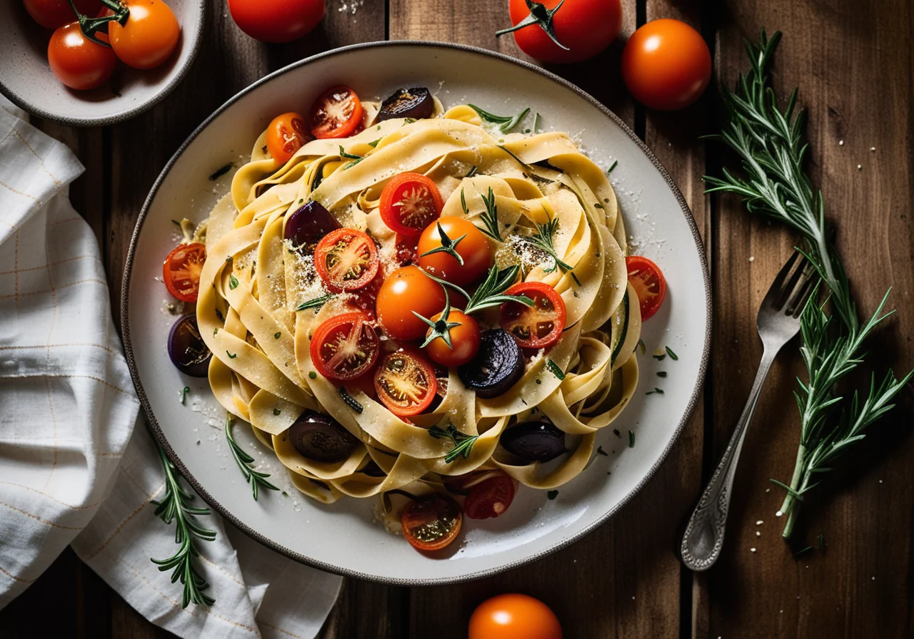 Lemon Pasta with Baked Eggplant and Tomato Sauce