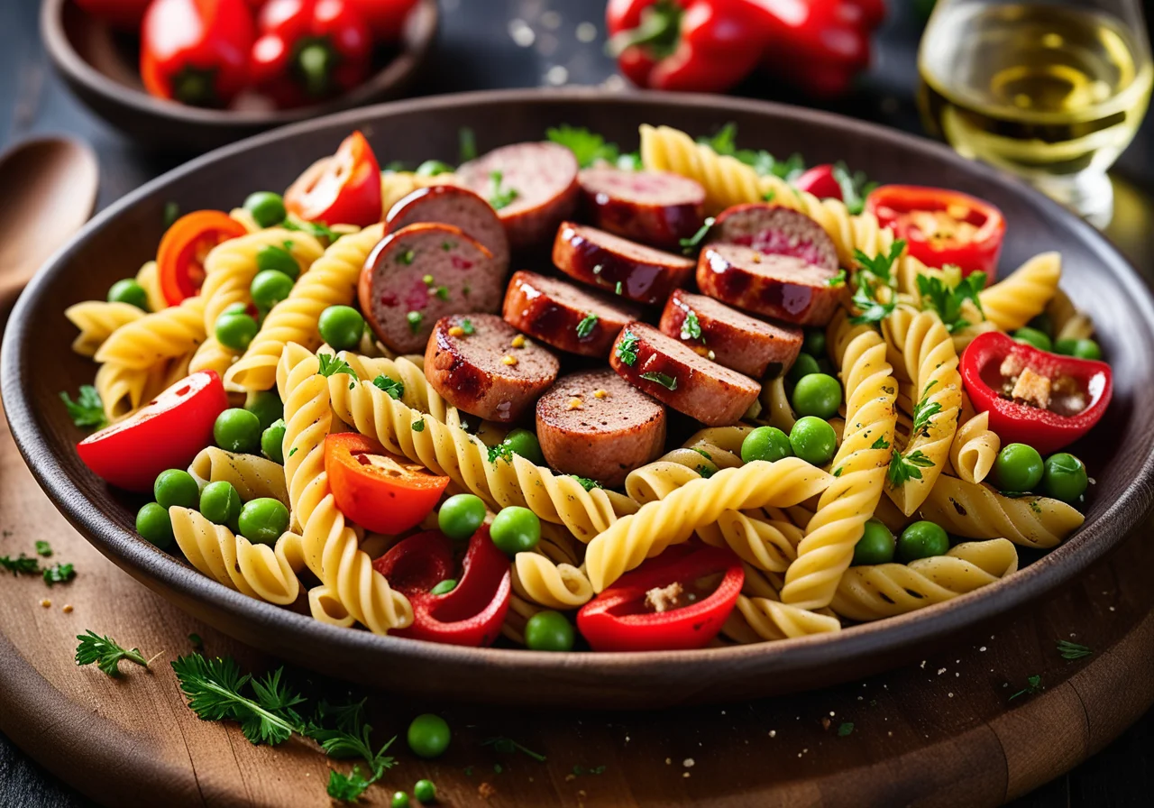 Fried Sausage with Colorful Pasta Salad