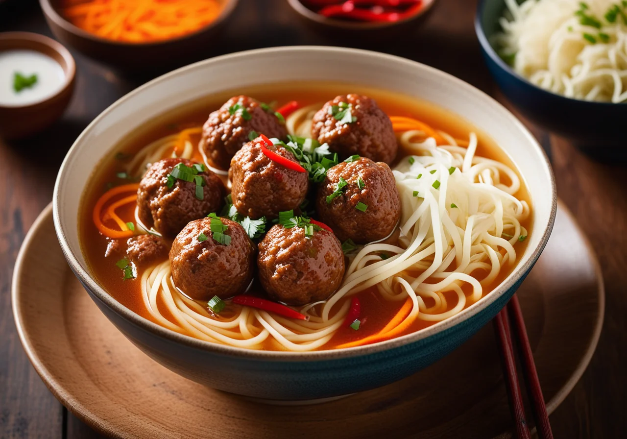 Noodle Soup with Vegetables and Meatballs