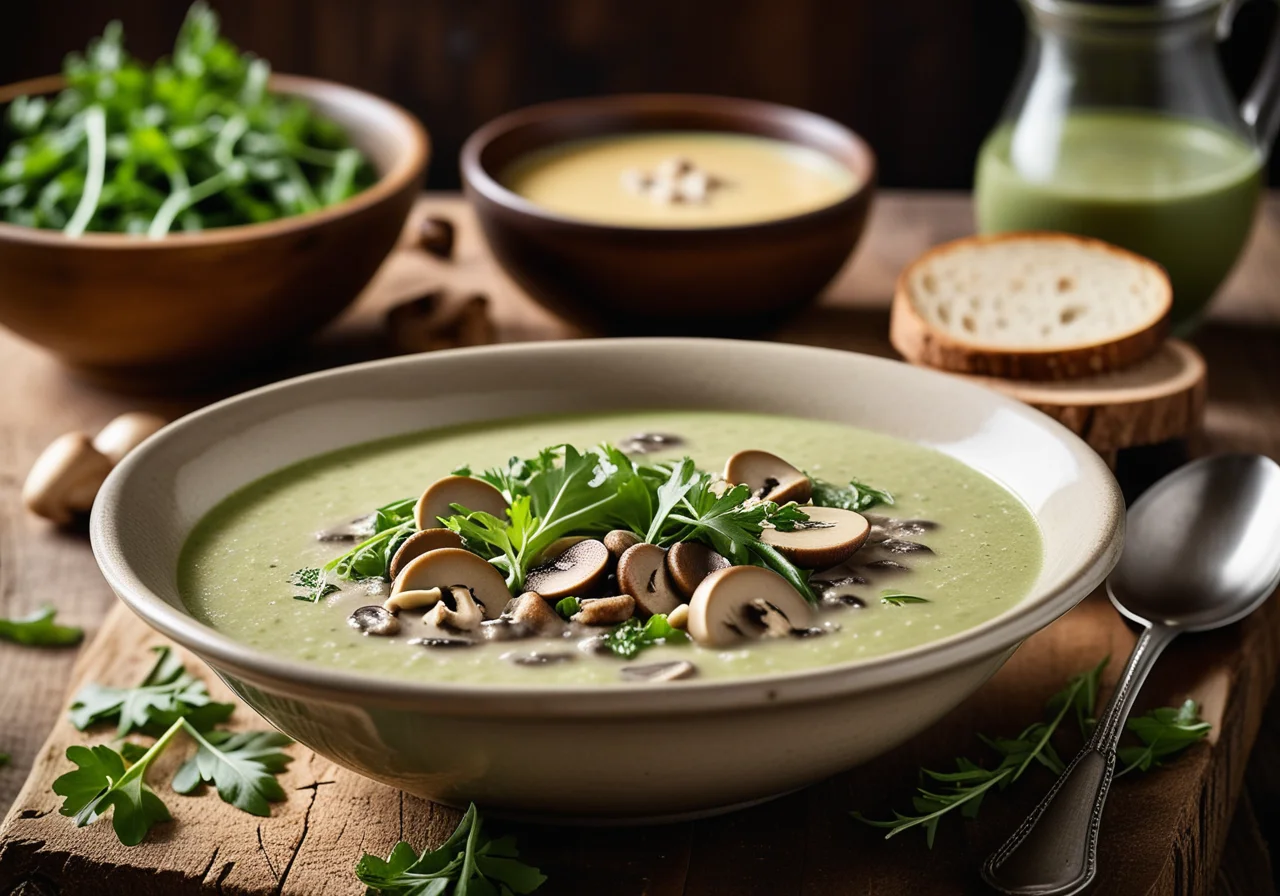 Pea and Mushroom Cream Soup with Arugula