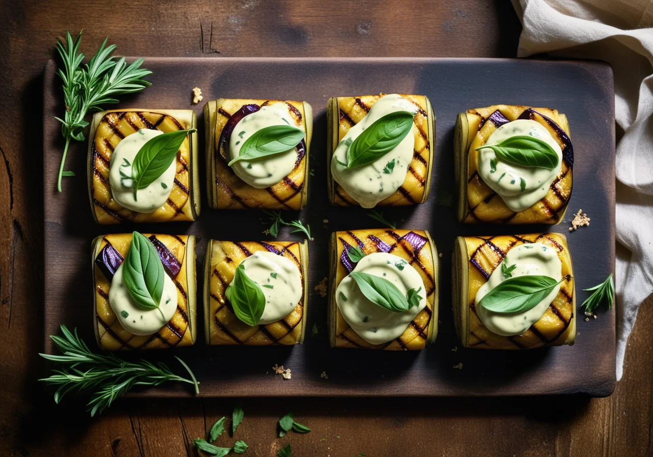 Grilled Eggplant Rolls with Basil Cream