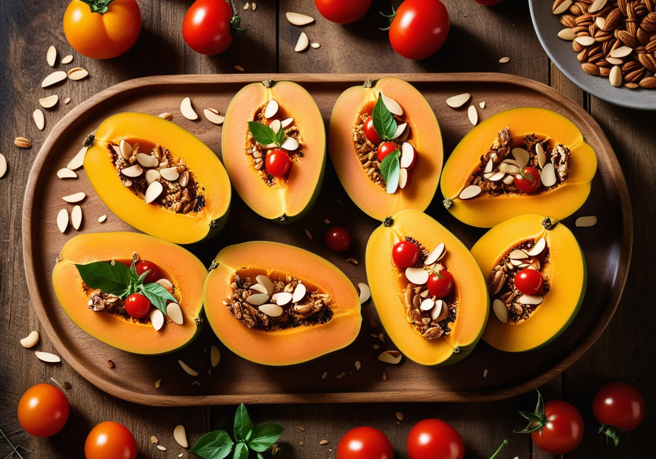 Stuffed Papaya with Mackerel, Cucumber and Cherry Tomatoes