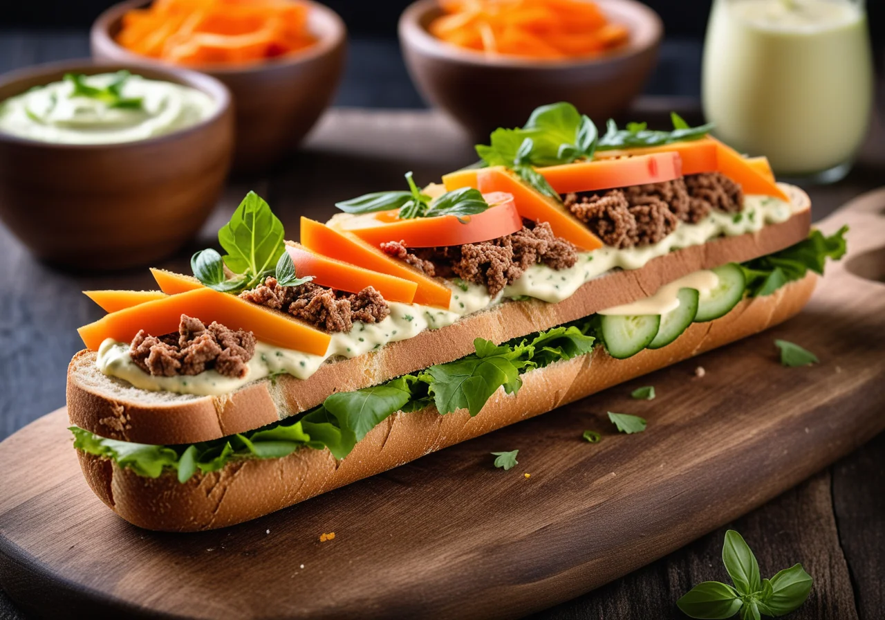 Whole grain baguette with minced meat