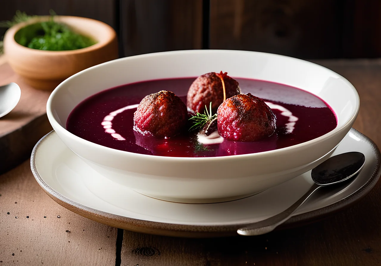 Red Beet Soup with Meatballs