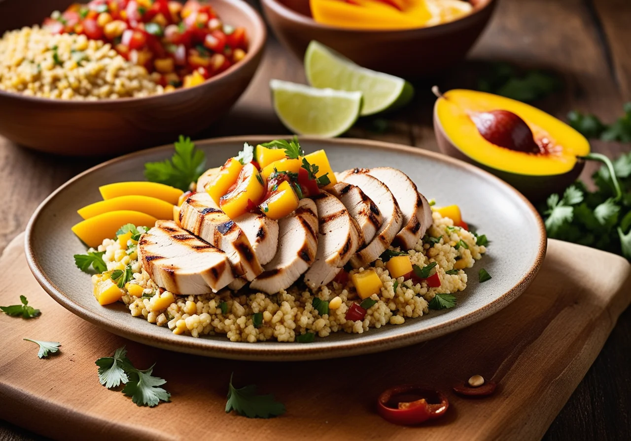 Chicken breast fillet with paprika-mango salsa and millet