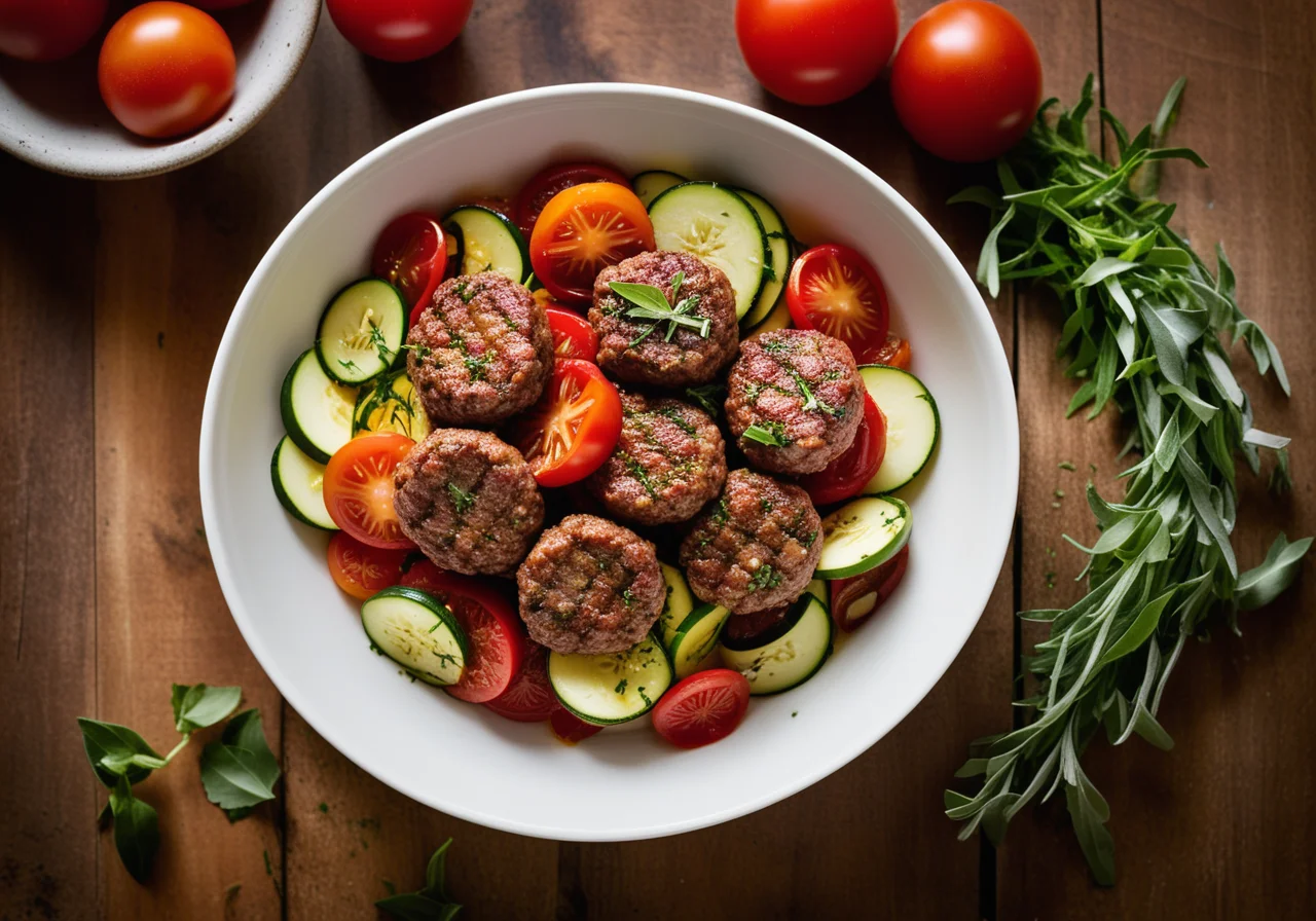Ground meat patties on Mediterranean vegetables