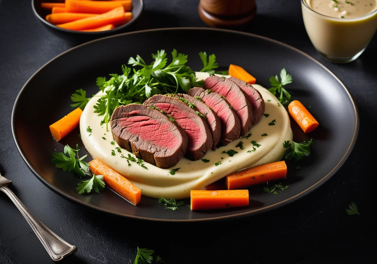 Ox Beef with Steamed Soup Vegetables and Herb Cream