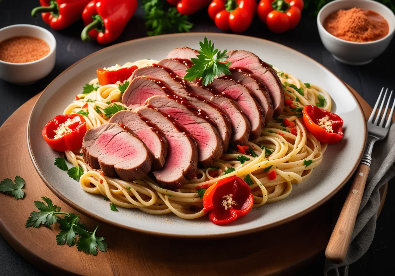 Spicy Pepper Steak with Linguine
