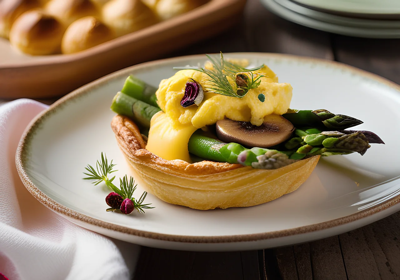 Pastry Cups with Scrambled Eggs, Mushrooms, Asparagus, and Goat Cheese