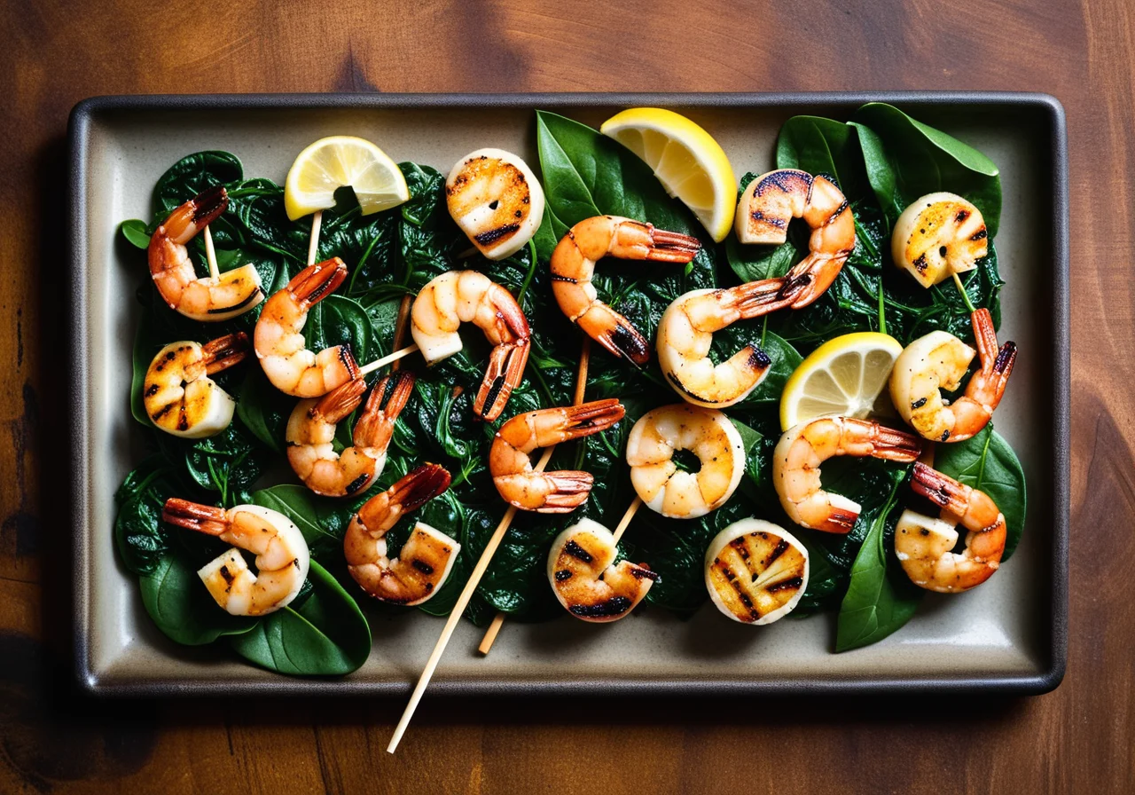 Spinach with Shrimp Skewers