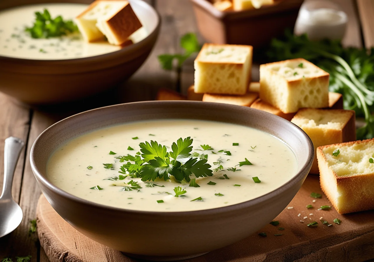 White Celery Soup with Croutons