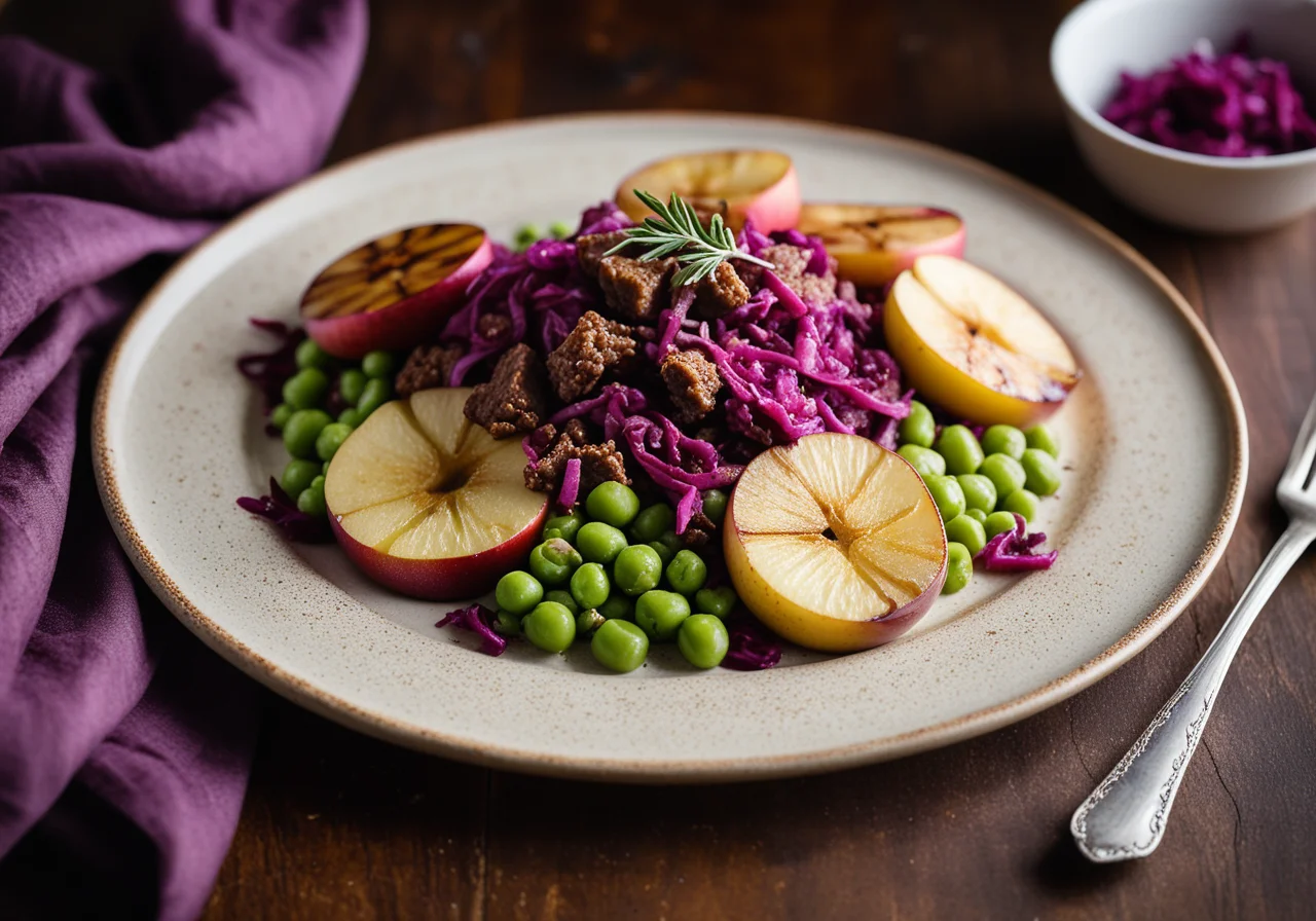 Ground Beef with Peas on Red Cabbage with Fried Apple Slices