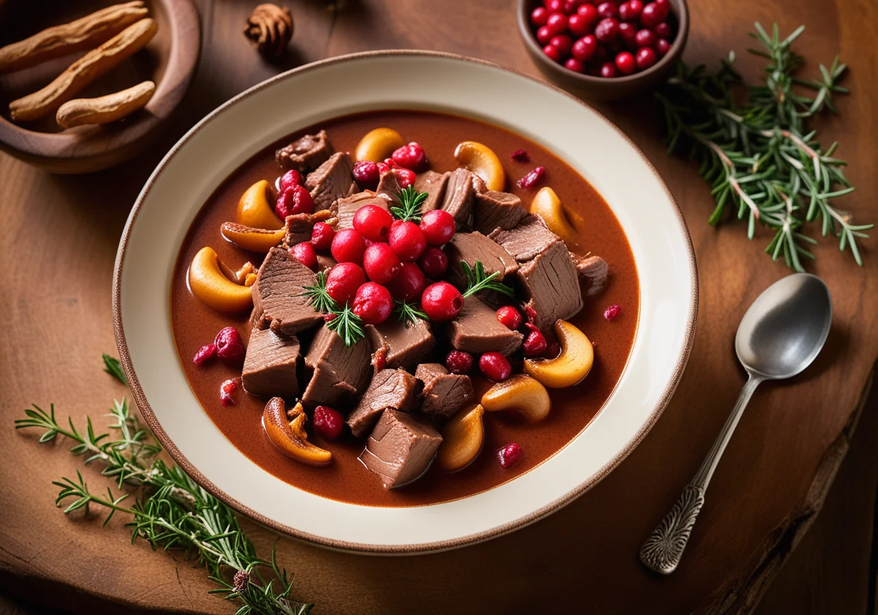 Deer goulash with lingonberries