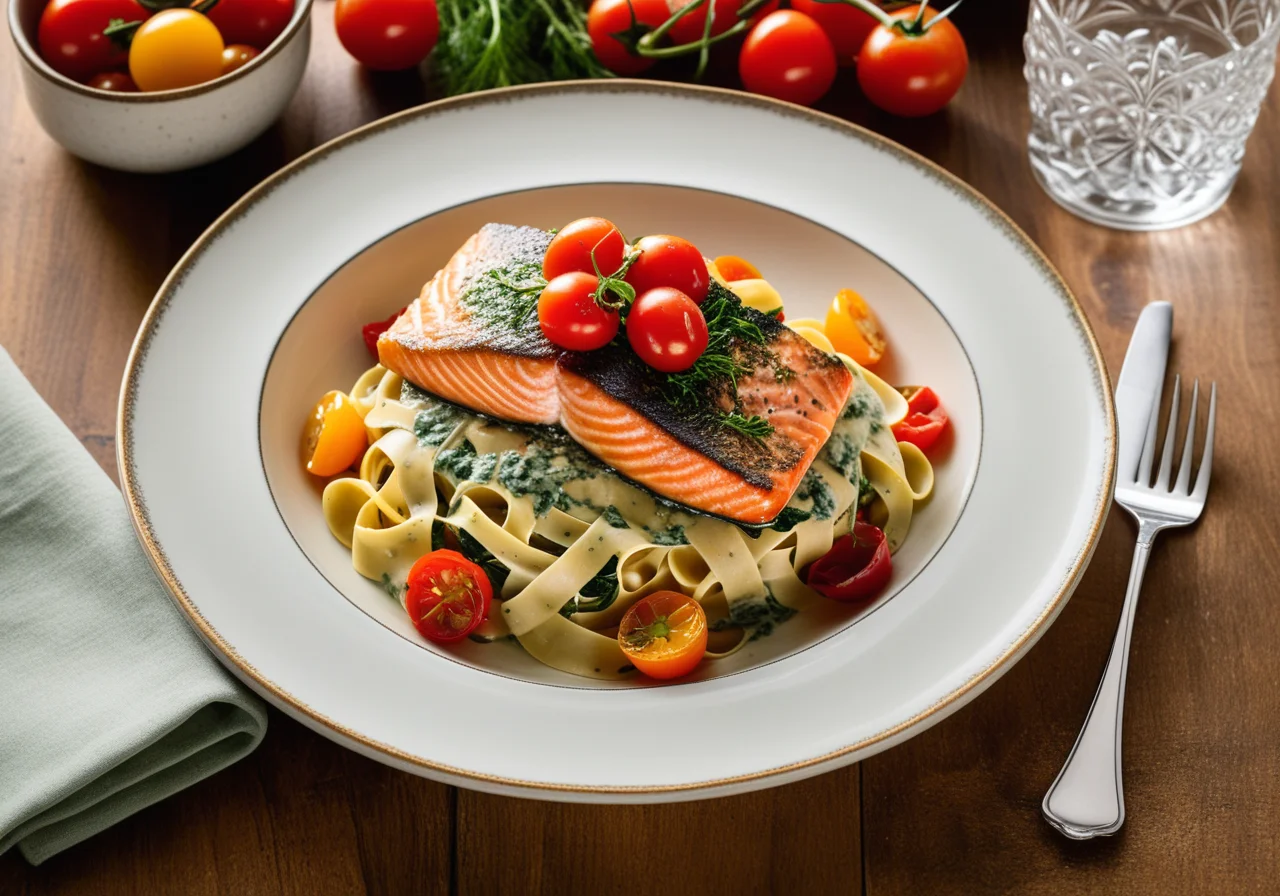 Wild Salmon with Herb Crust on Tagliatelle and Spinach Sauce