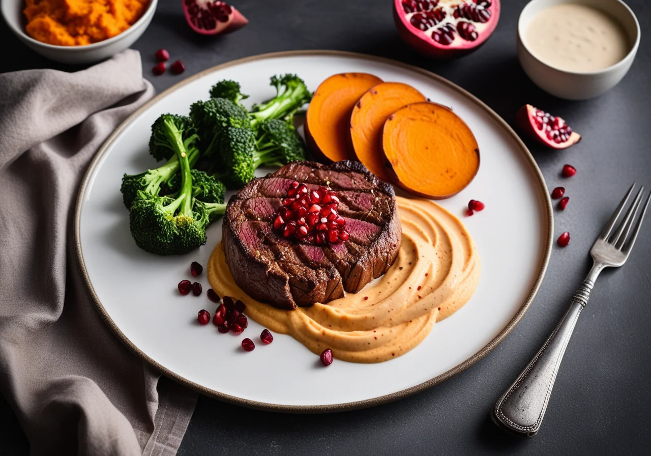 Rib-eye Steak with Sweet Potato Mash and Broccoli Stalks