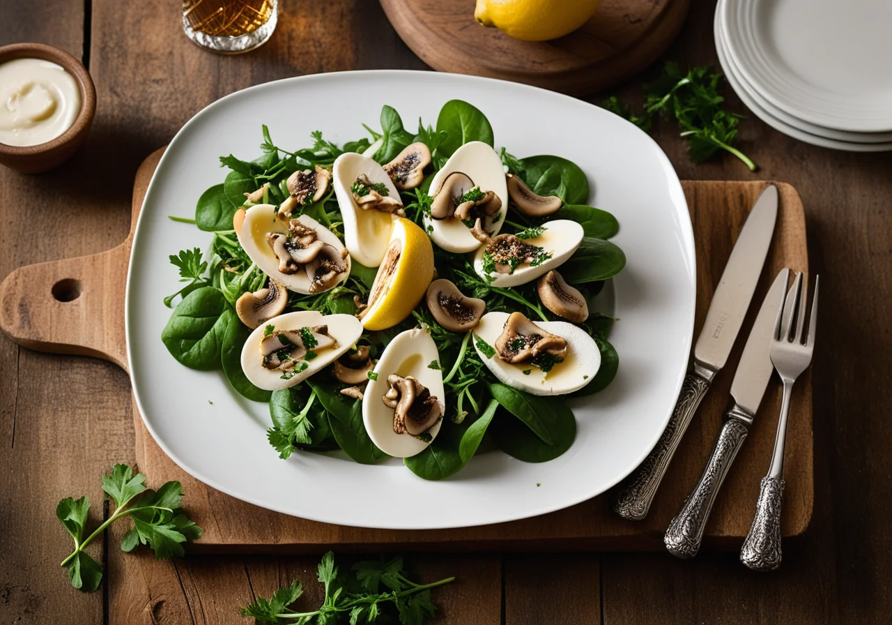 Eastern Spinach Salad with Oyster Mushrooms and Cheese Baguette
