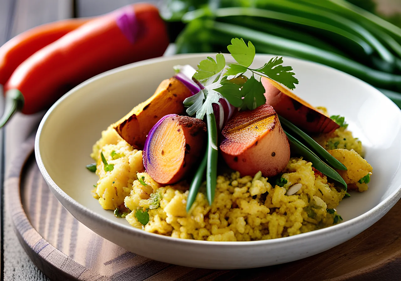 Garam Masala Bowl with Turmeric Rice, Roasted Vegetables and Yogurt Dip