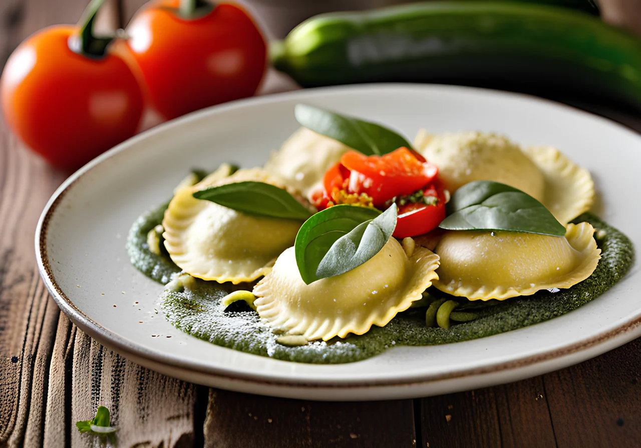 Ravioli with Zucchini Spaghetti and Toasted Bread