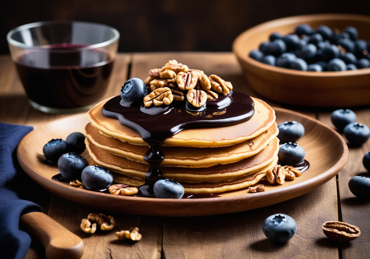 Chocolate Pancakes with Blueberries and Chocolate Sauce