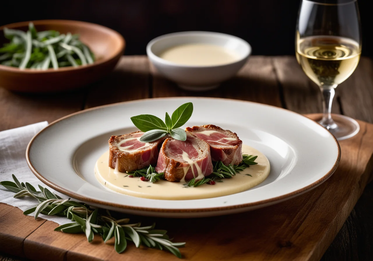 Gespicktes Kalbsschnitzel (Saltimbocca) mit Weißweinsoße