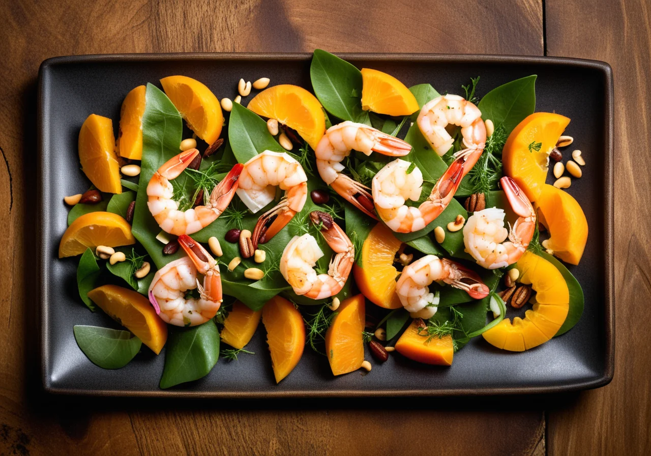 Shrimp with Chicory Salad, Papaya and Pine Nuts