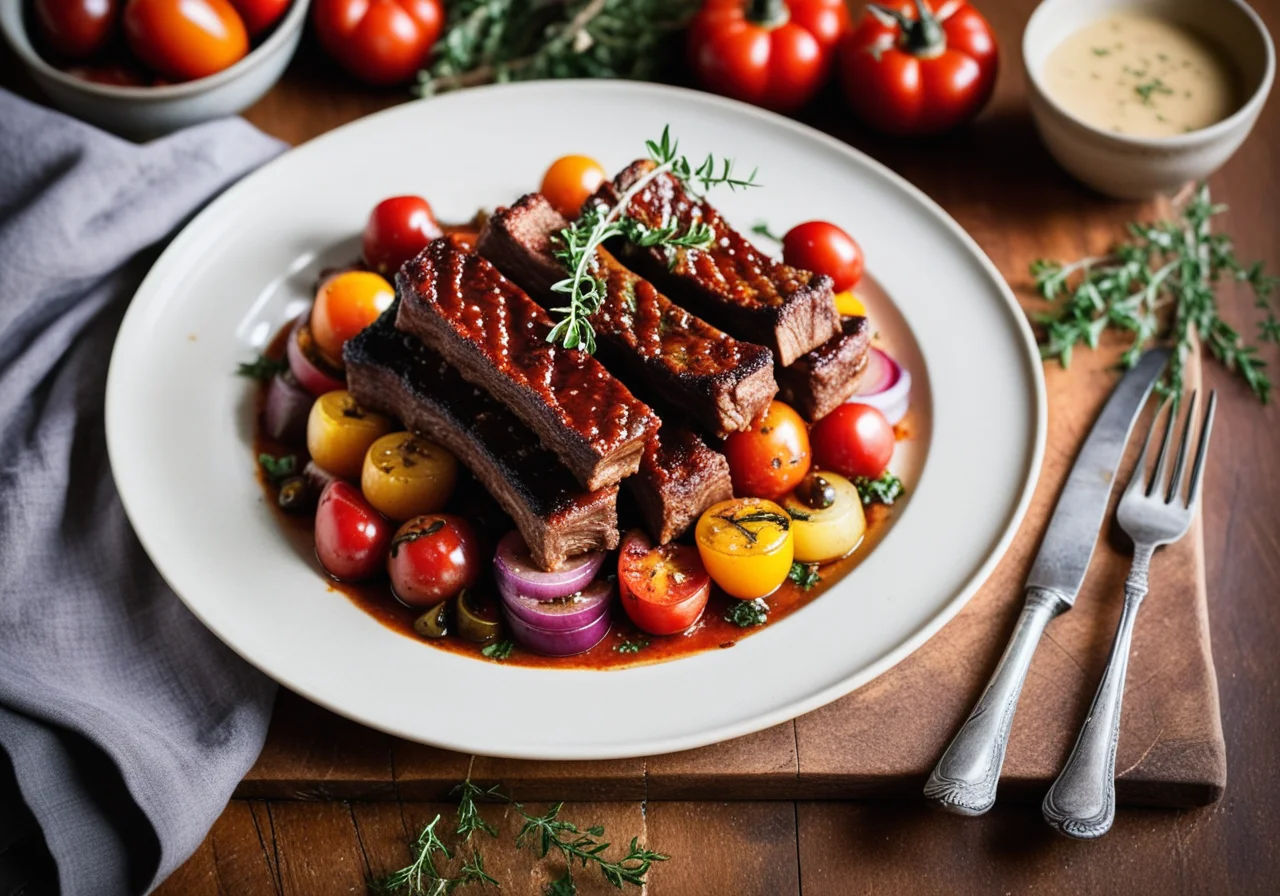 Olive Lamb Ribs with Ratatouille Vegetables
