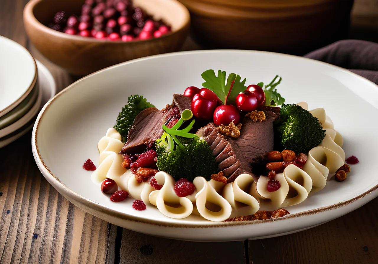 Venison Goulash with Lingonberries, Pasta and Broccoli