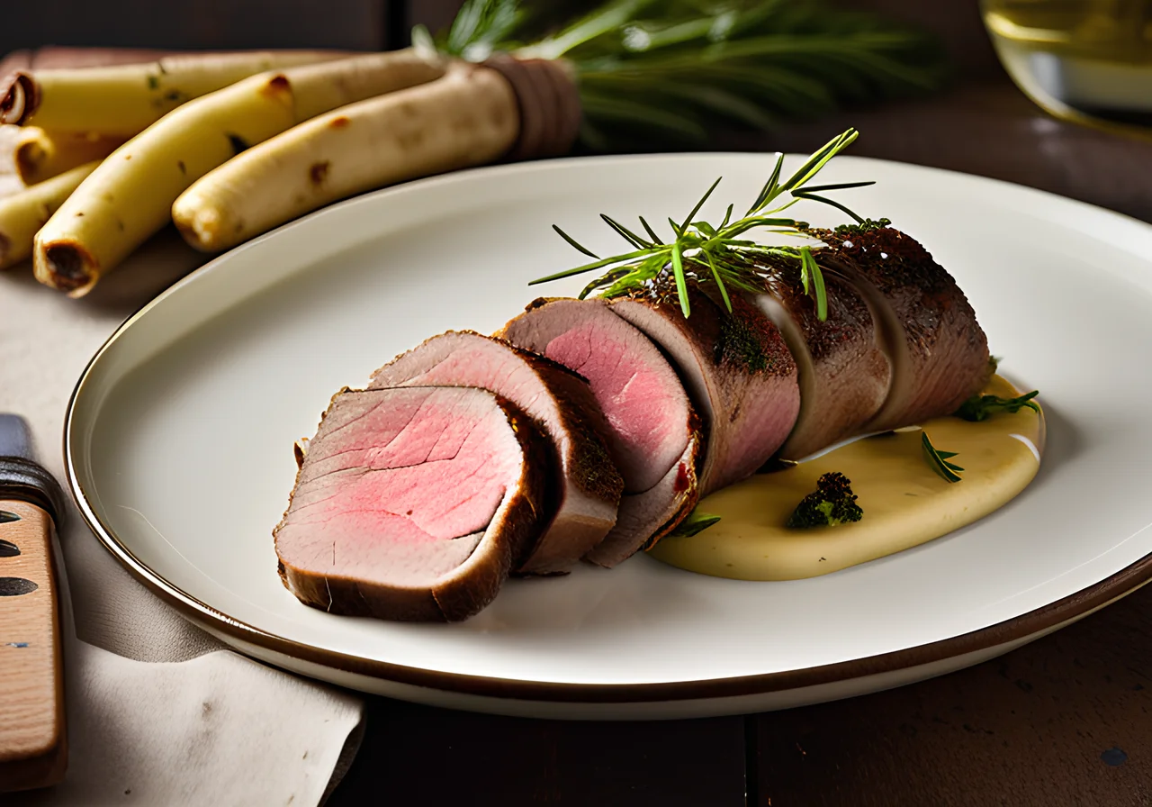 Roast Beef in White Wine Mustard Sauce with Porcini-Parsnip Vegetable