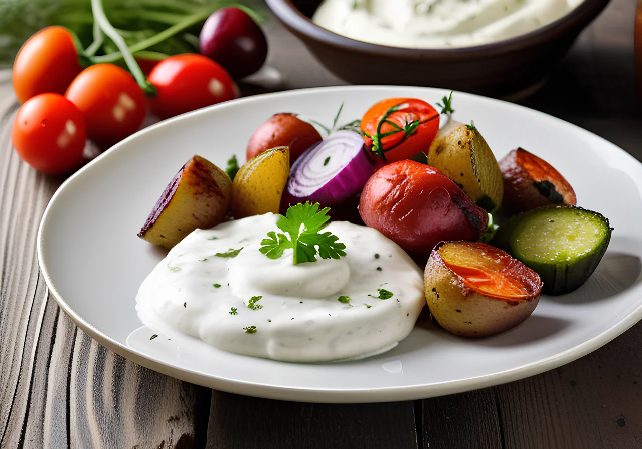 Oven‑Roasted Vegetables with Yogurt Dip