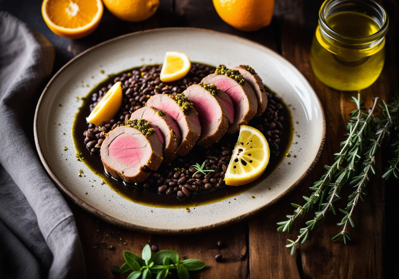 Pork Tenderloin on Black Lentil Vegetable with Lemon Thyme Pesto