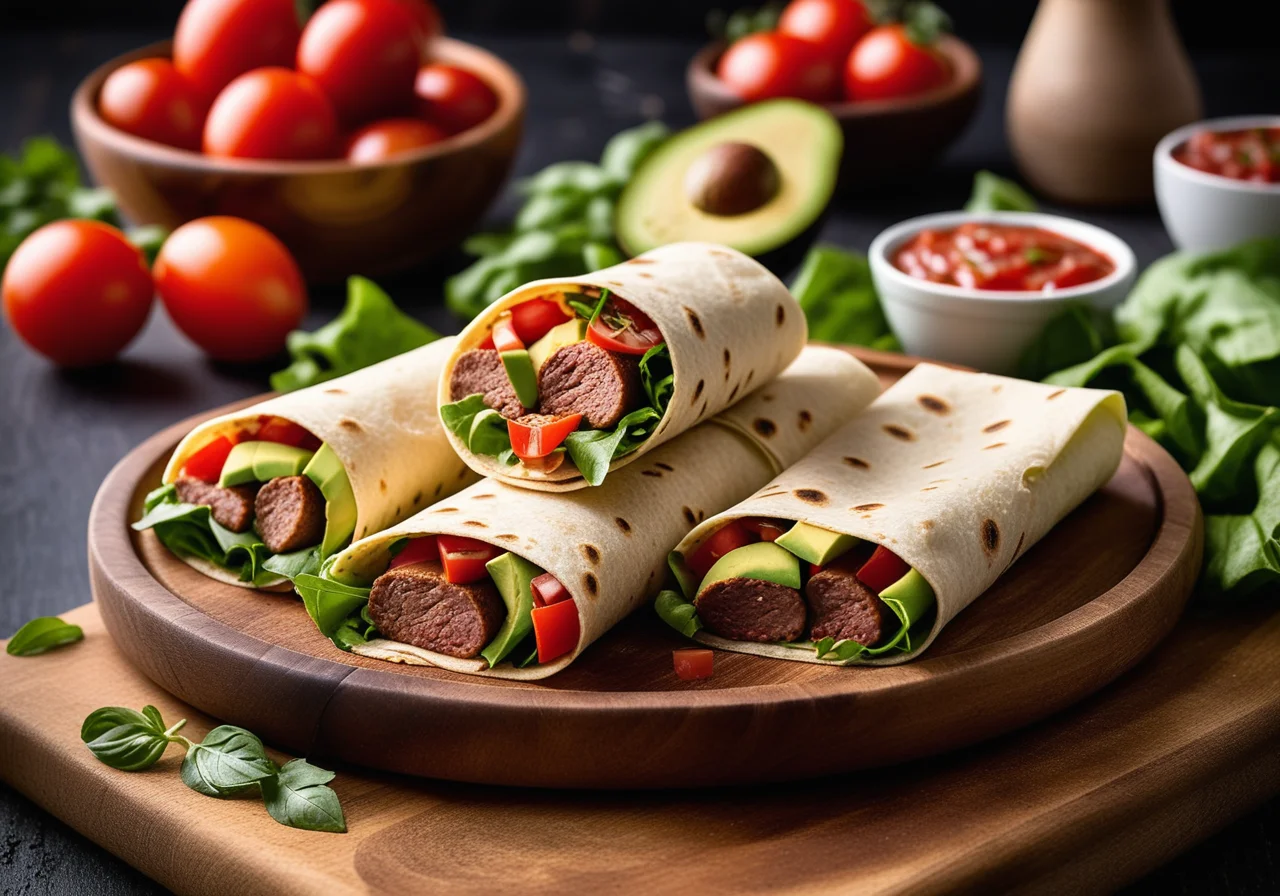 Wraps filled with Bratwurst, Salsa and Avocado
