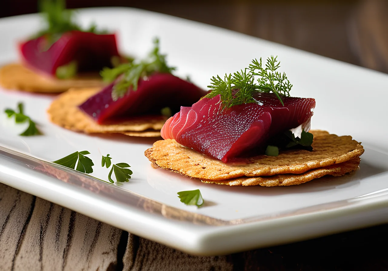 Beet-Cured Salmon with Rye Crisps