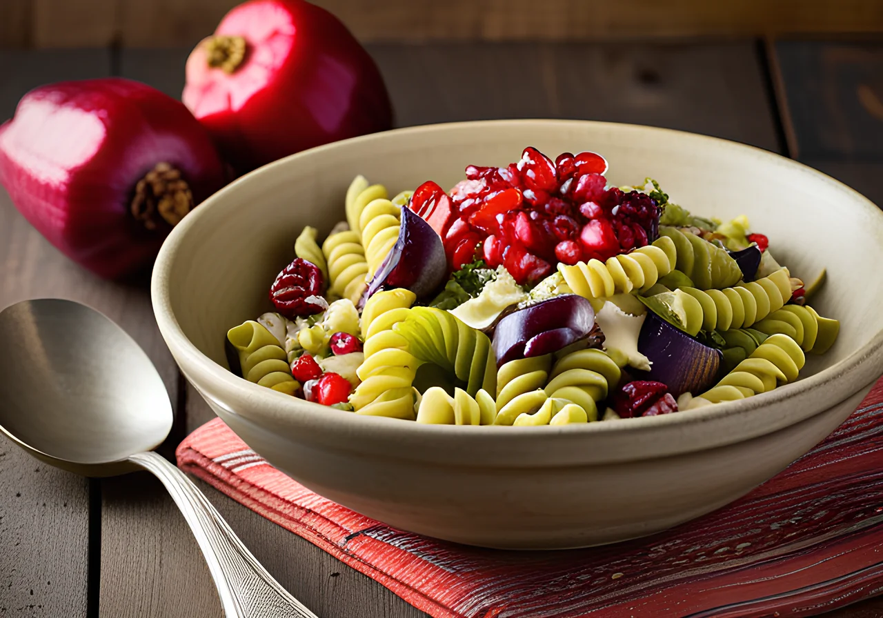 Pasta Salad with Mediterranean Vegetables, Pomegranate Seeds and Walnuts