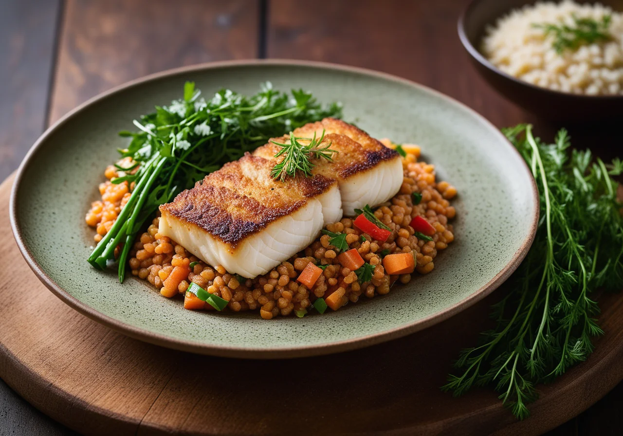 Pan‑fried Cod on Lentil Vegetables
