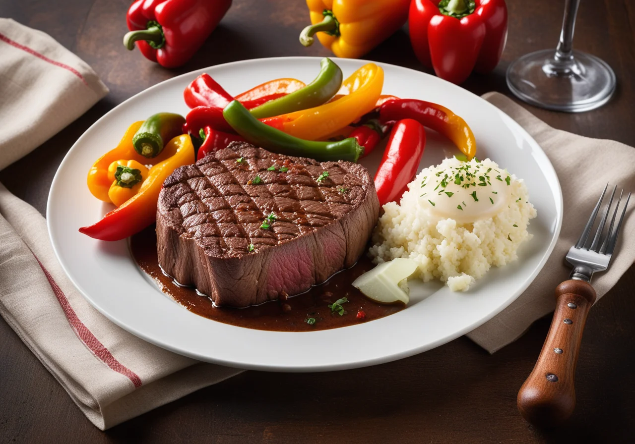Baked Beef Steak with Bell Peppers and Onions