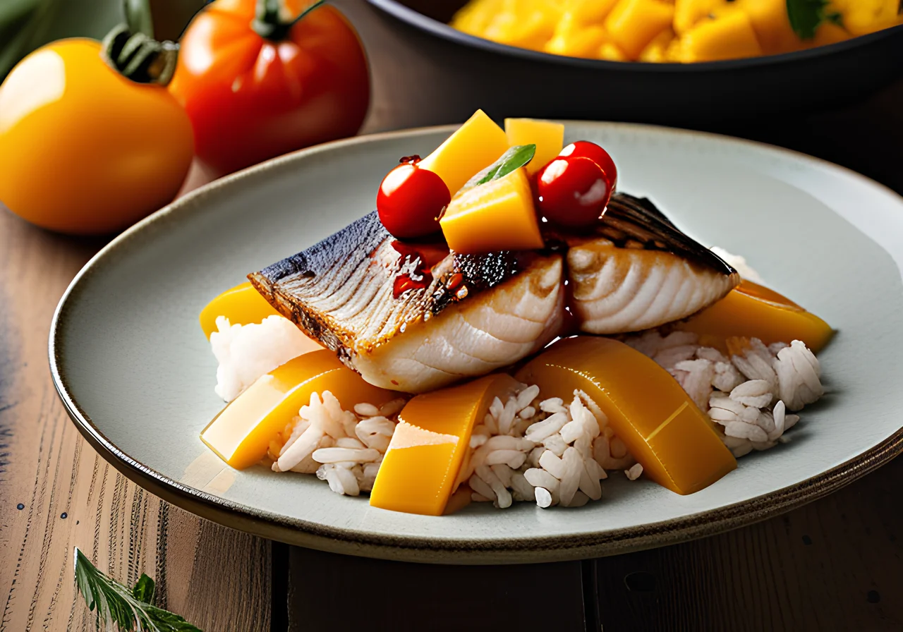 Sea Bass on Fragrant Rice with Caramelized Cherry Tomatoes and Mango