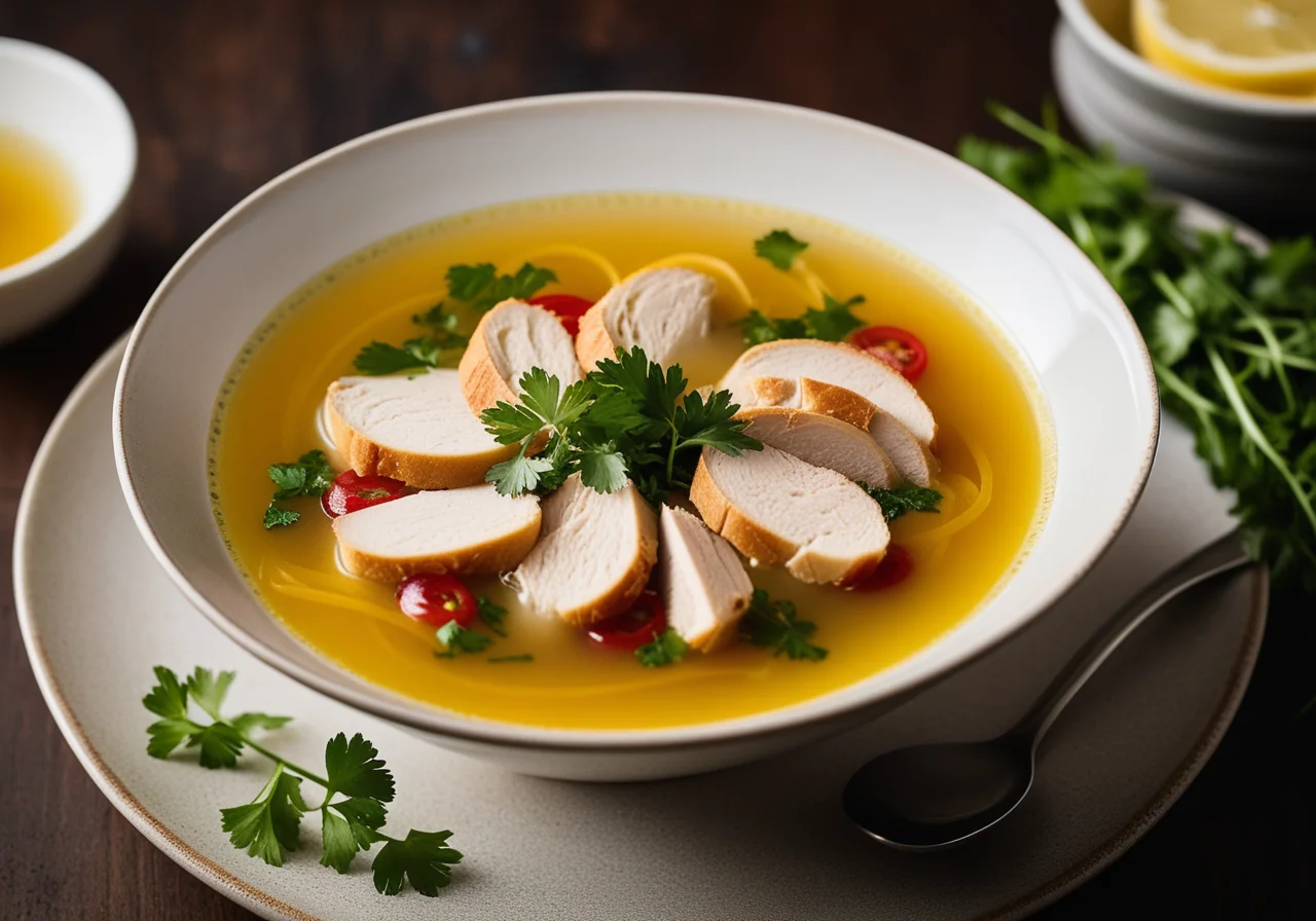 Lemon Soup with Chicken, Potatoes and Soy Sprouts