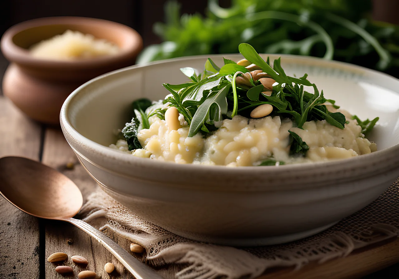 Risotto with Porcini Mushrooms, Pine Nuts and Arugula
