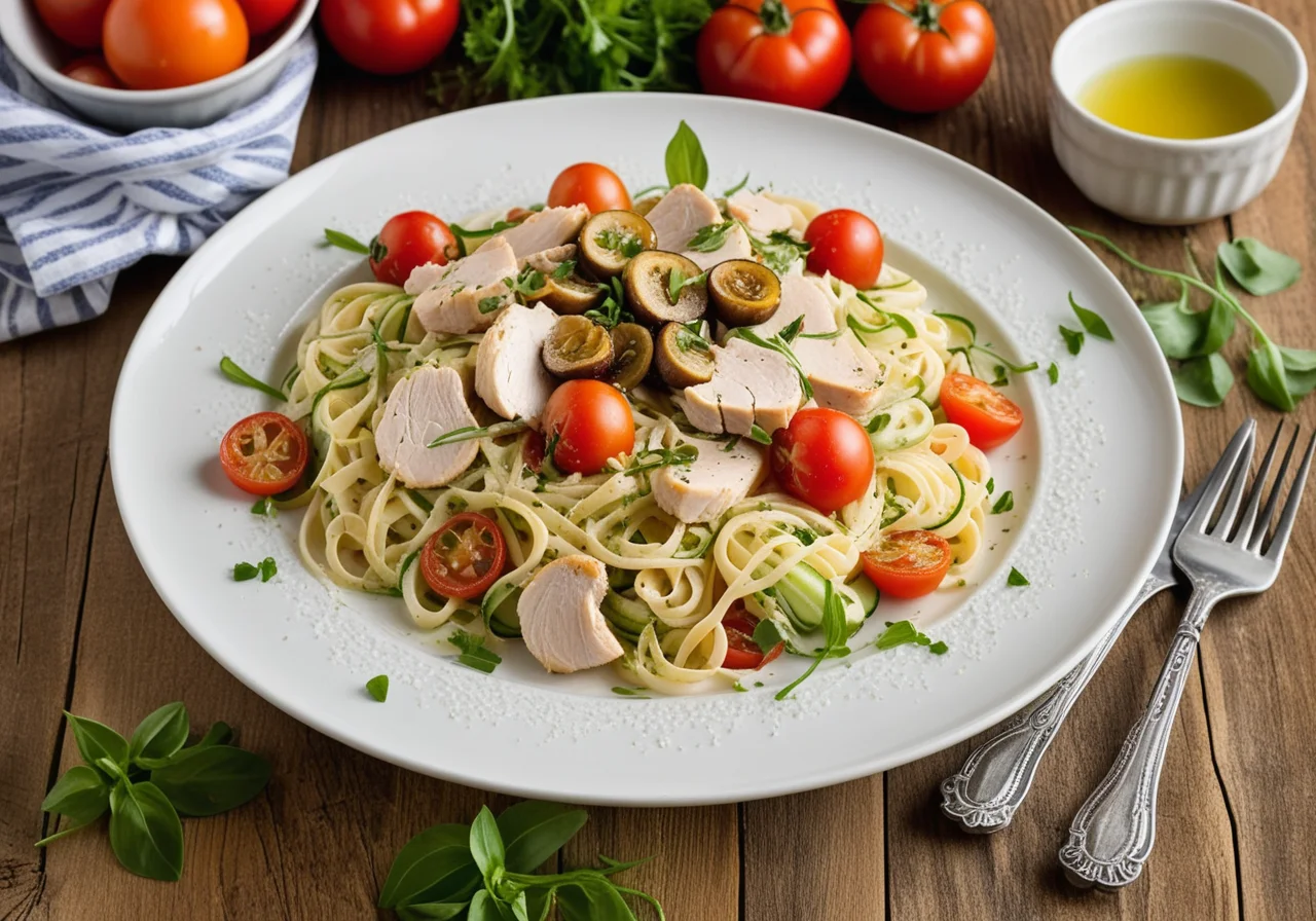 Chicken Pasta Salad with Mushrooms and Vegetables