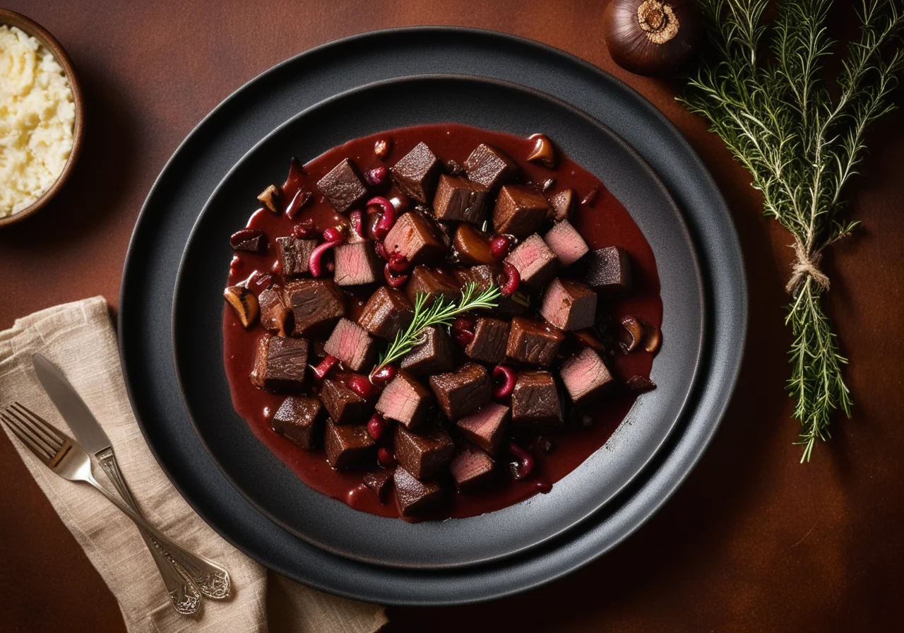 Wildpfeffer in Red Wine with Mushrooms