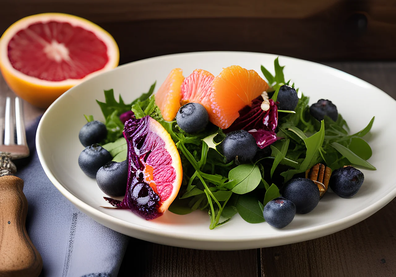Salad Bowl with Blueberries and Grapefruit Turmeric Dressing