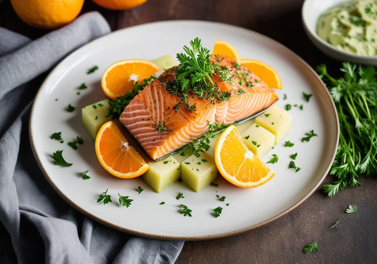 Salmon with Orange; Green Potato Vegetables