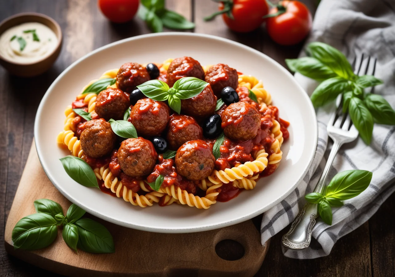 Pasta with Meatballs, Tomatoes and Olives
