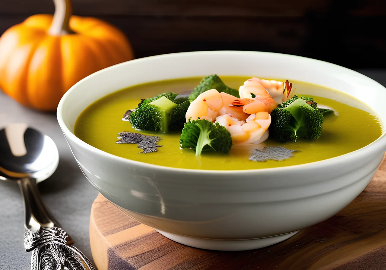 Broccoli and Pumpkin Soup with Seafood