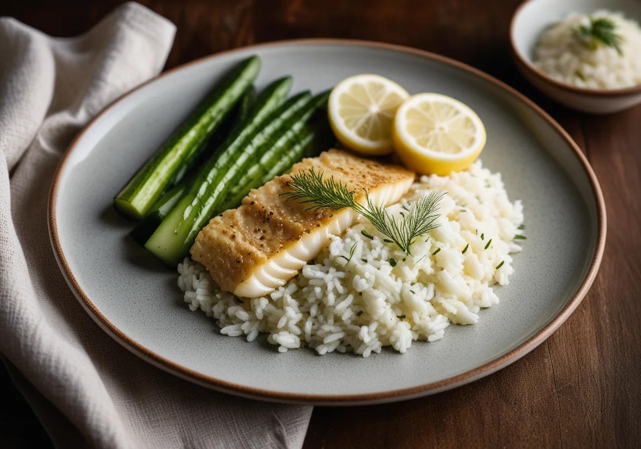 Plaice with Stewed Cucumbers and Rice
